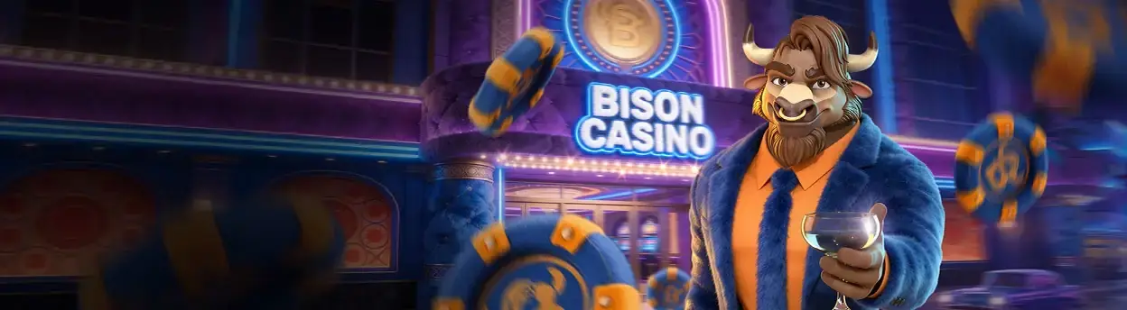 Bison Casino Polska: maskotka bizona przed neonem kasyna, bonus powitalny do 500 € i 100 darmowych spinów